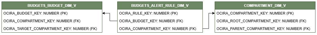 Diagrama de relaciones que muestra la tabla de dimensiones, BUDGETS_ALERT_RULE_DIM_V.