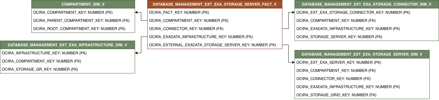 Diagrama de relaciones con DATABASE_MANAGEMENT_EXT_EXA_STORAGE_SERVER_FACT_V y sus tablas de dimensiones relacionadas.