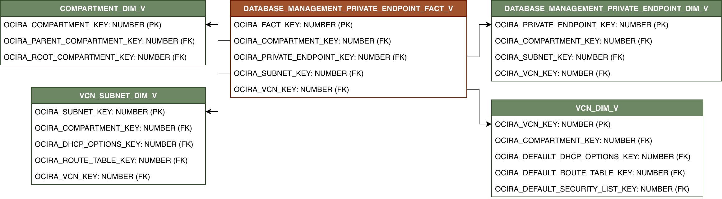 Diagrama de relaciones con DATABASE_MANAGEMENT_PRIVATE_ENDPOINT_FACT_V y sus tablas de dimensiones relacionadas.