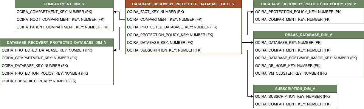 Diagrama de relaciones que muestra DATABASE_RECOVERY_PROTECTED_DATABASE_FACT_V y sus tablas de dimensiones relacionadas.