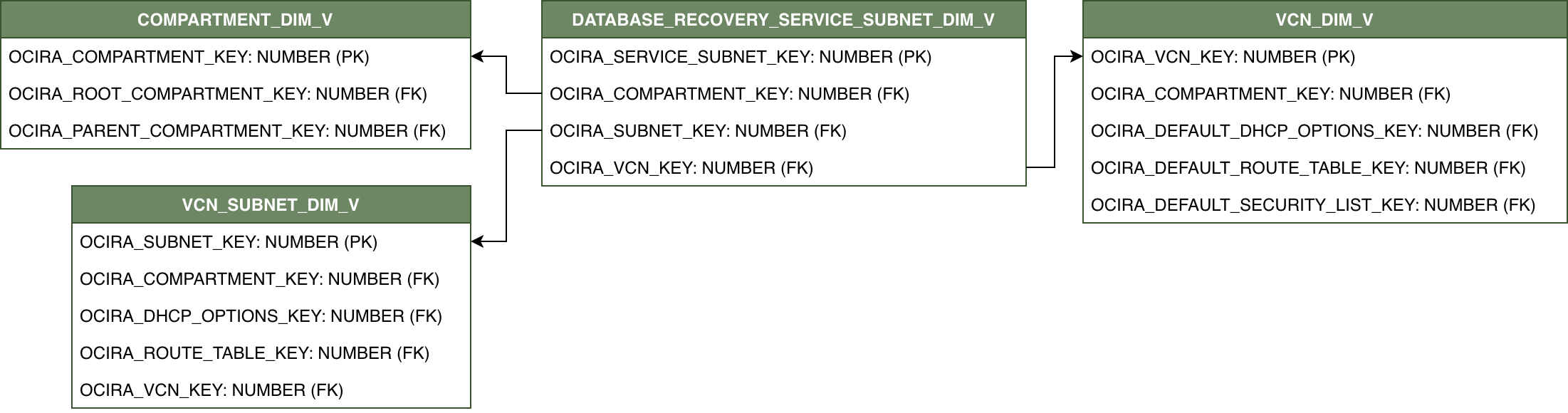 Diagrama de relaciones que muestra DATABASE_RECOVERY_SERVICE_SUBNET_DIM_V y sus tablas de dimensiones relacionadas.