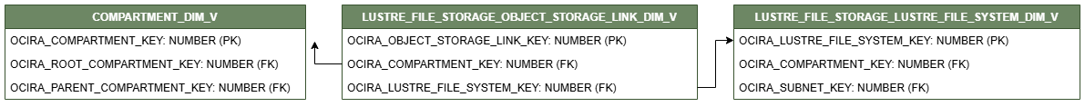Diagrama de relaciones que muestra la tabla de dimensiones, LUSTRE_FILE_STORAGE_OBJECT_STORAGE_LINK_DIM_V.
