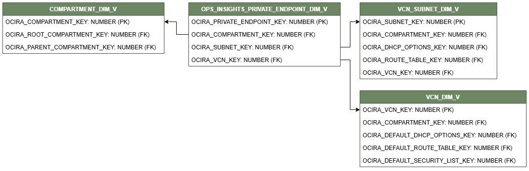 Diagrama de relaciones que muestra la tabla de dimensiones, OPS_INSIGHTS_PRIVATE_ENDPOINT_DIM_V.