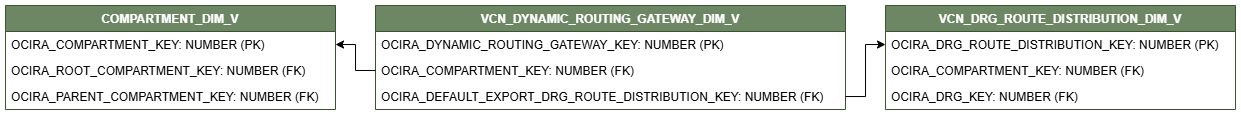 Diagrama de relaciones que muestra la tabla de dimensiones, VCN_DYNAMIC_ROUTING_GATEWAY_DIM_V.