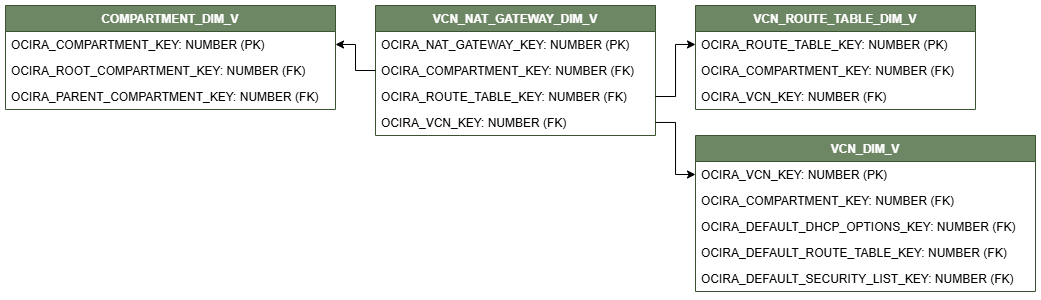 Diagrama de relaciones que muestra la tabla de dimensiones, VCN_NAT_GATEWAY_DIM_V.