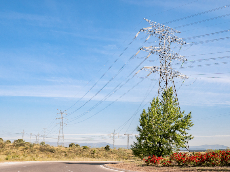 Imagen de pilones de electricidad que cruzan una carretera.
