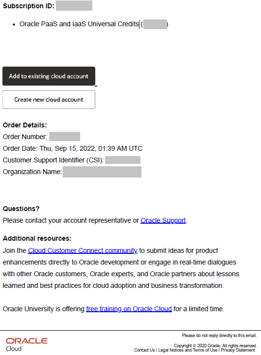 Agregar a la opción de cuenta en la nube existente en el correo electrónico de bienvenida de créditos universales
