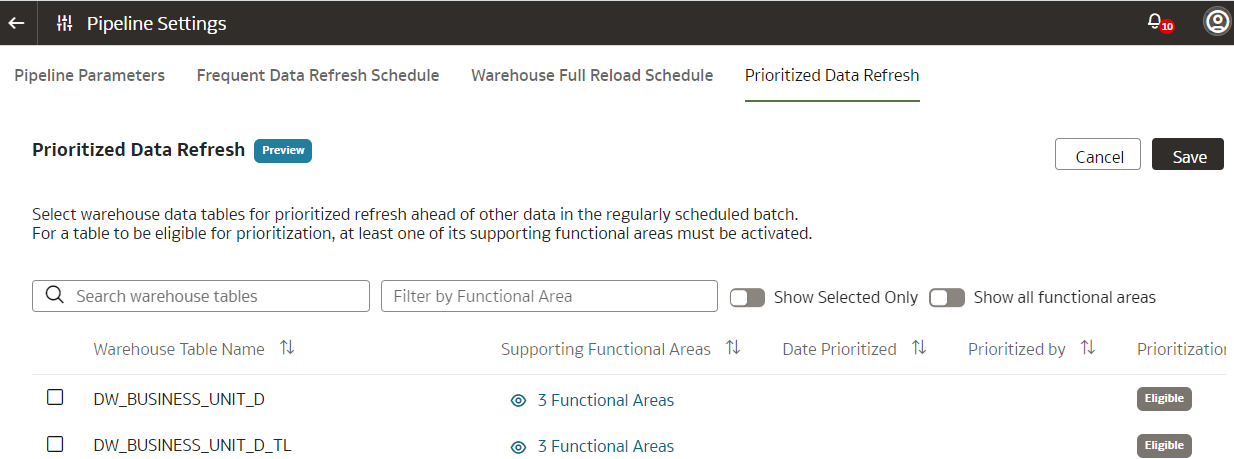Separador Refrescamiento de datos priorizado en la página Configuración de pipeline