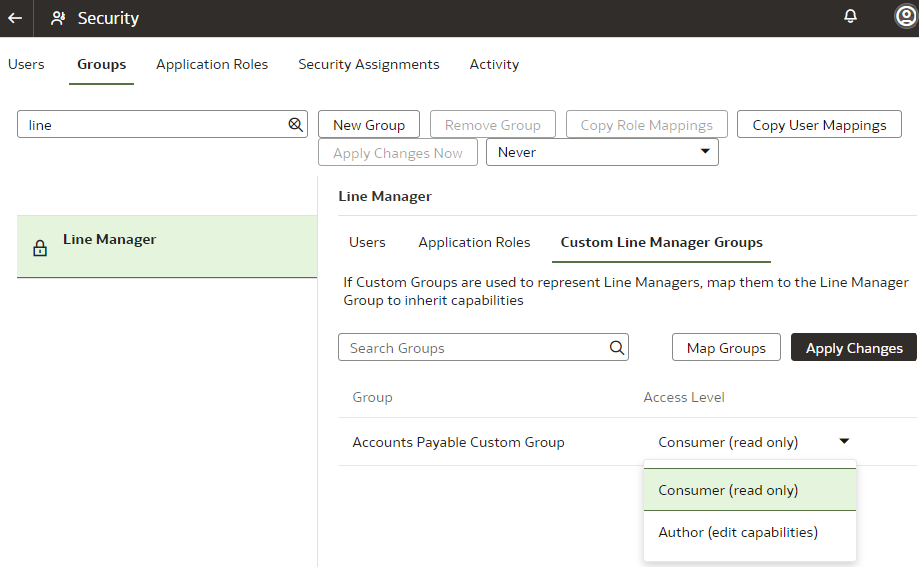 Definir nivel de acceso para grupos de mánager de línea personalizados