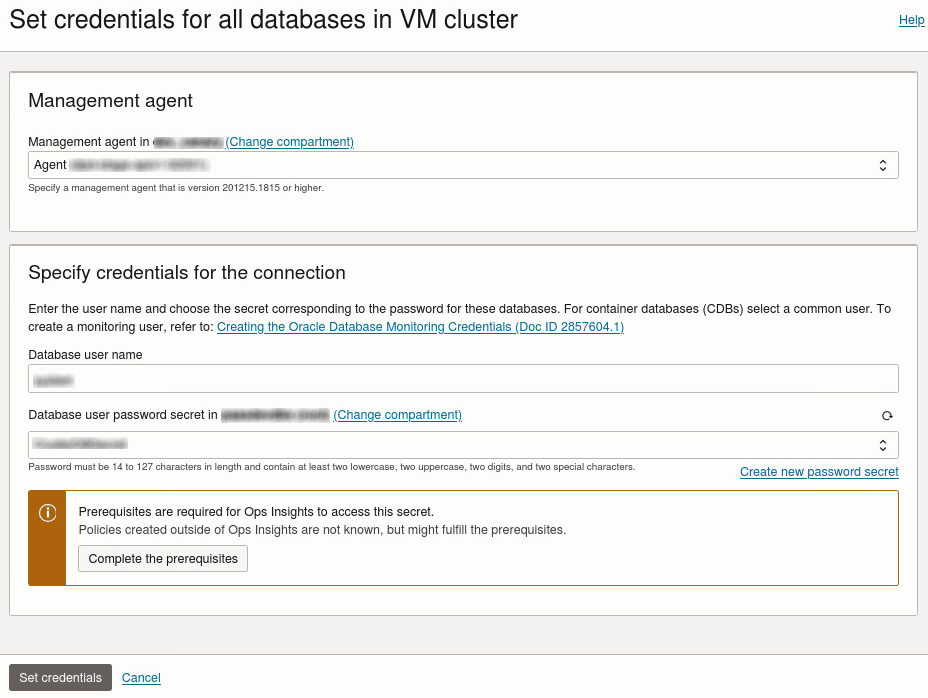 Definir credenciales de base de datos para un sistema Exa-C@C
