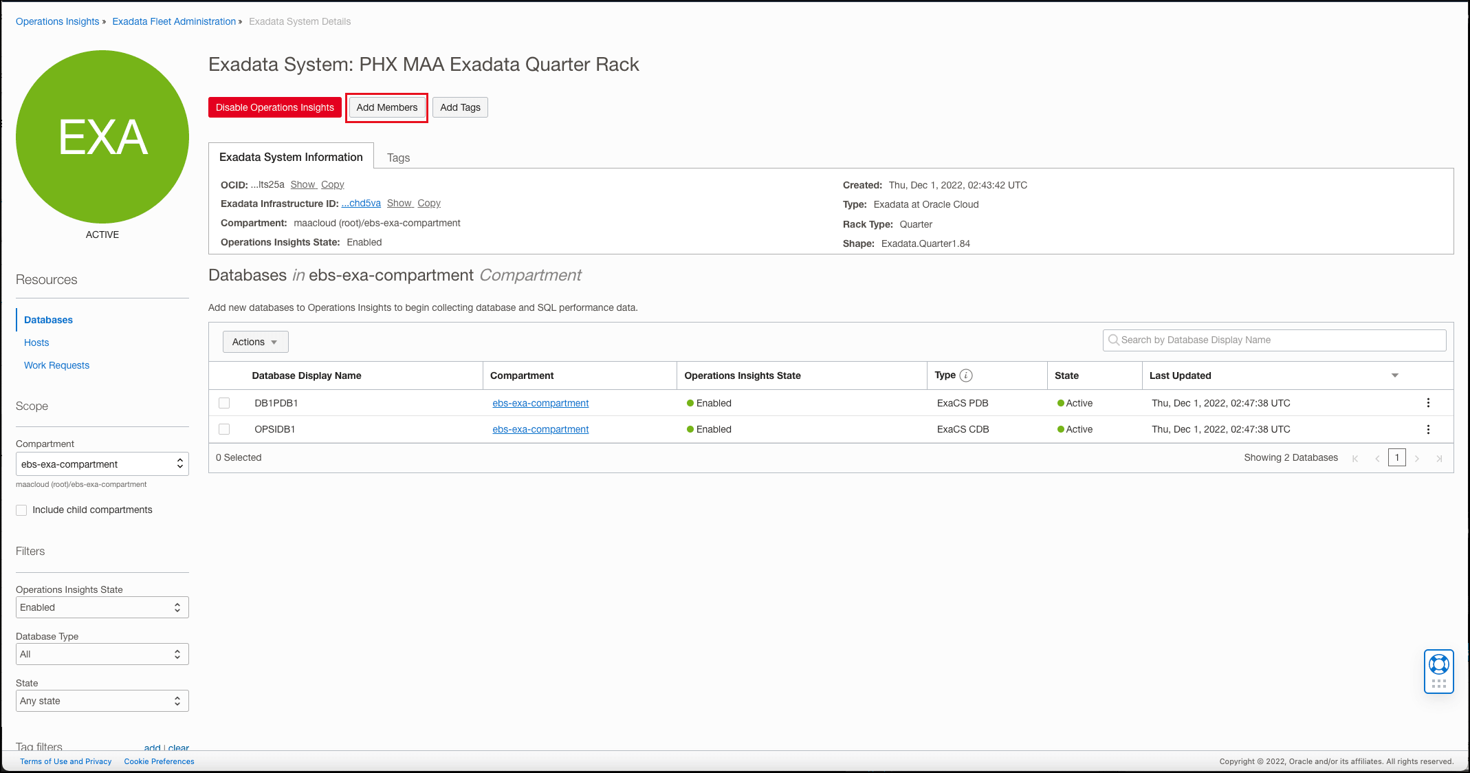 En la imagen se muestra la página Detalles de Exadata.