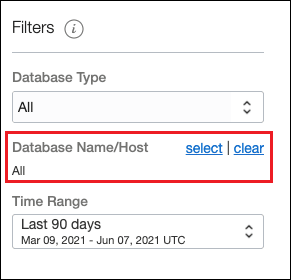 En el gráfico se muestra el submenú Filtro con el filtro Nombre/Host de base de datos resaltado. En el gráfico se muestra el submenú Filtro con el filtro Nombre/Host de base de datos resaltado.