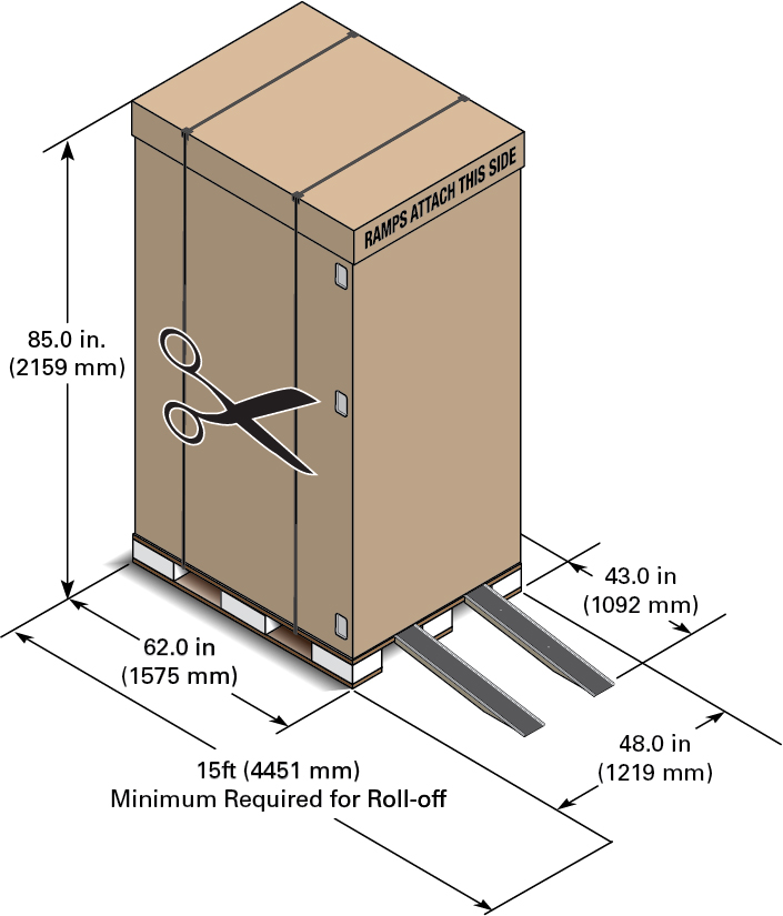 Figura en la que se muestra un rack de dispositivo en el contenedor de envío con dimensiones de contenedor y espacio mínimo necesario para desembalaje; 15 pies de min para roll-off, 85 pulgadas de alto, 62 pulgadas de profundidad, 48 pulgadas de ancho.