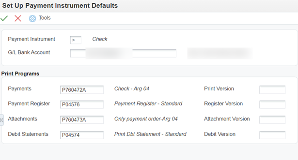 Definición de programas de impresión para el instrumento de pago de cheque