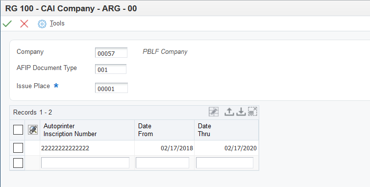 Pantalla RG 100 - Compañía CAI - ARG - 00 (actualización de la versión 9.2).