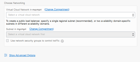 Página Crear Equilibrador de Carga, sección Seleccionar Red