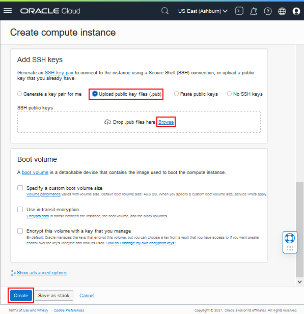 Página Create Compute Instance, agregue keysf de SSH