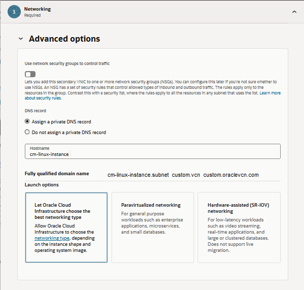 Página Create Compute Instance, sección Networking