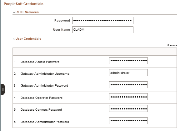 Página Configuración de Cloud Manager, sección Credenciales PeopleSoft para Servicios REST