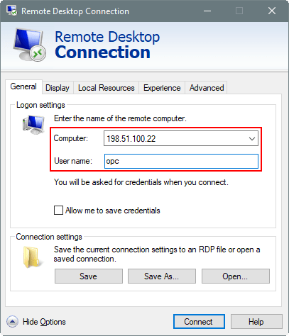 Cuadro de diálogo Remote Desktop Connection