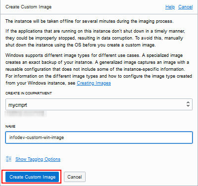 Cuadro de diálogo Create Custom Image (Crear imagen personalizada)