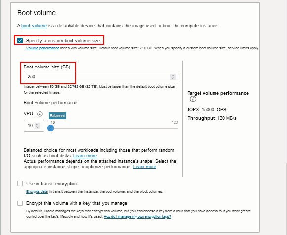 Página Create Compute Instance, seleccione Custom boot volume size
