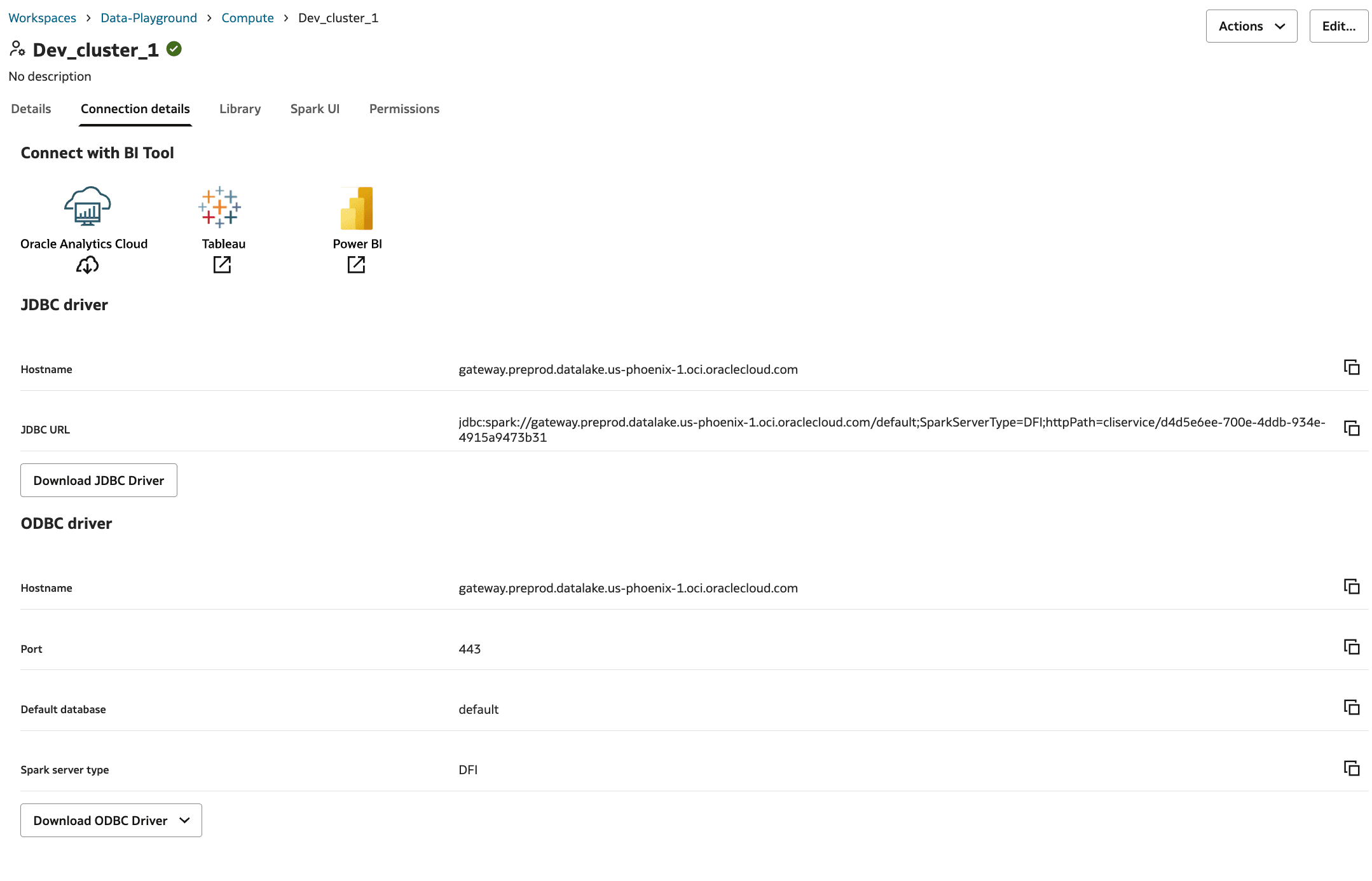 Separador Detalles de conexión para el cluster de recursos informáticos Dev_cluster_1