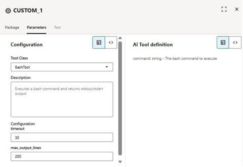 La página de la herramienta Código personalizado está abierta. Se selecciona el separador Parámetros. El panel Configuration (Configuración) se muestra a la izquierda. El panel de definición de la herramienta AI se muestra a la derecha. La página de la herramienta Código personalizado está abierta. Se selecciona el separador Parámetros. El panel Configuration (Configuración) se muestra a la izquierda. El panel de definición de la herramienta AI se muestra a la derecha.