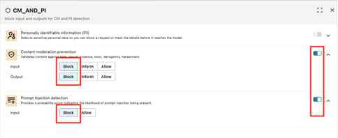 Se muestra la página de configuración de guías. Los alternadores para la prevención de moderación de contenido y la detección de inyección de mensaje están habilitados y resaltados. Las opciones de entrada y salida se definen en bloque y Block se resalta.
