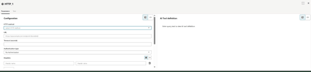 Se muestra la página de configuración de una herramienta de solicitud HTTP. Se selecciona la ficha Parámetros y se muestran los paneles de definición de Configuración y Herramienta AI. Se muestra la página de configuración de una herramienta de solicitud HTTP. Se selecciona la ficha Parámetros y se muestran los paneles de definición de Configuración y Herramienta AI.