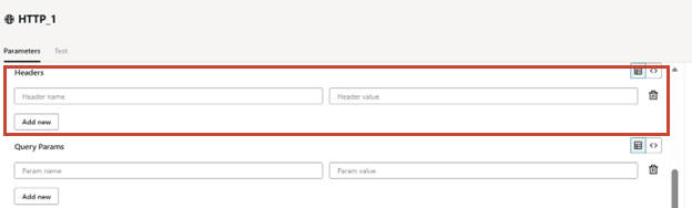 Se muestra la página Configuración de una herramienta de solicitud HTTP. Se selecciona la ficha Parámetros y se resalta el campo Encabezados. Se muestra la página Configuración de una herramienta de solicitud HTTP. Se selecciona la ficha Parámetros y se resalta el campo Encabezados.