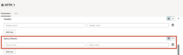Se muestra la página Configuración de una herramienta de solicitud HTTP. El separador Parámetros está seleccionado y el campo Parámetros de consulta está resaltado. Se muestra la página Configuración de una herramienta de solicitud HTTP. El separador Parámetros está seleccionado y el campo Parámetros de consulta está resaltado.