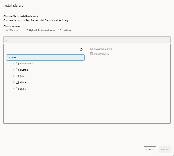 Se abre la página Install Library (Instalar biblioteca) con la opción Workspace seleccionada