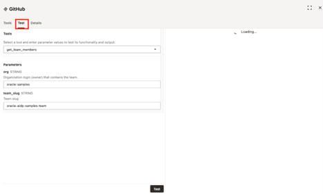 Se muestra la página de configuración de la herramienta del servidor MCP remoto. El separador Test está resaltado. Se muestra la página de configuración de la herramienta del servidor MCP remoto. El separador Test está resaltado.