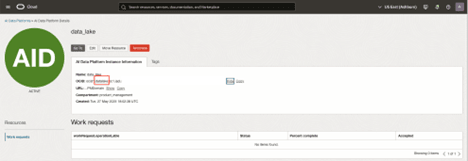 Página de detalles de la instancia de Data_lake AI Data Platform Workbench abierta. Se resalta la sección de tipo principal del OCID.