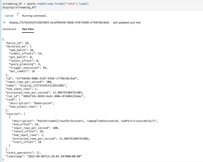 Separador Raw Data abierto en un bloc de notas que muestra eventos relacionados con la transmisión