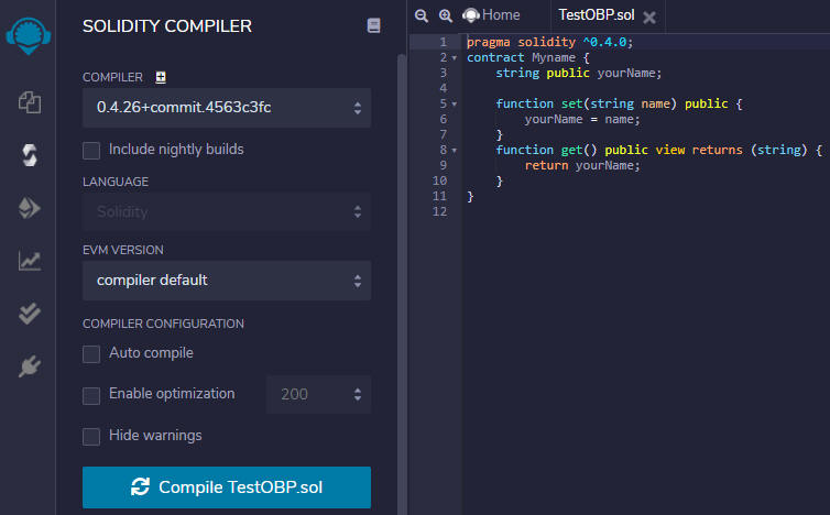 Captura de pantalla del contrato inteligente Solidity de prueba en la vista Remix Compiler.