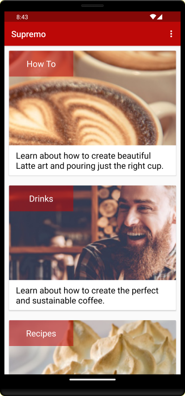En esta imagen se muestra la pantalla de inicio del sitio de demostración de Cafe Supremo con una lista de los temas disponibles.