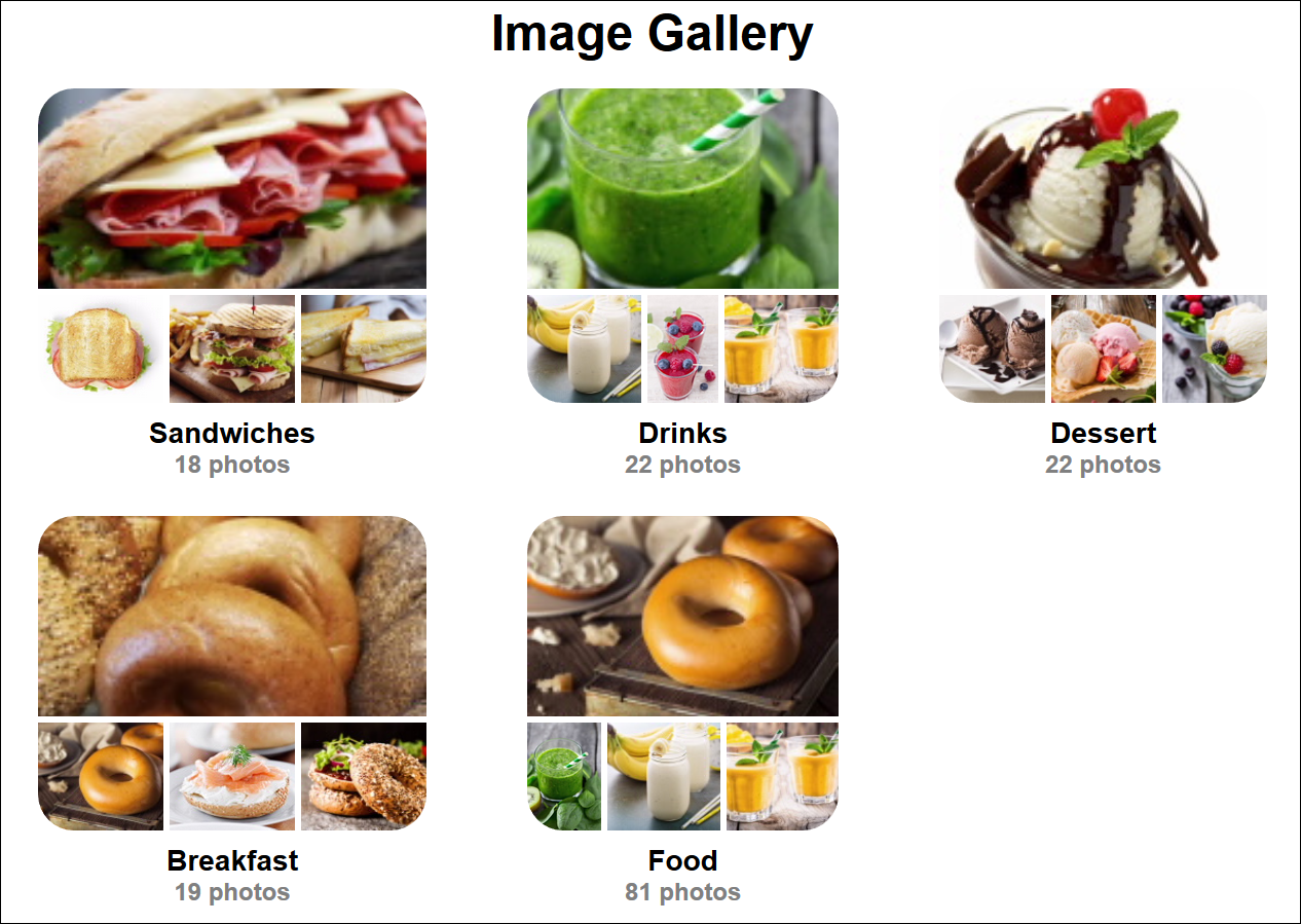 Esta imagen muestra la página de inicio para la galería de imágenes, con imágenes de varias categorías de imágenes: sándwiches, bebidas, postre, desayuno y comida.