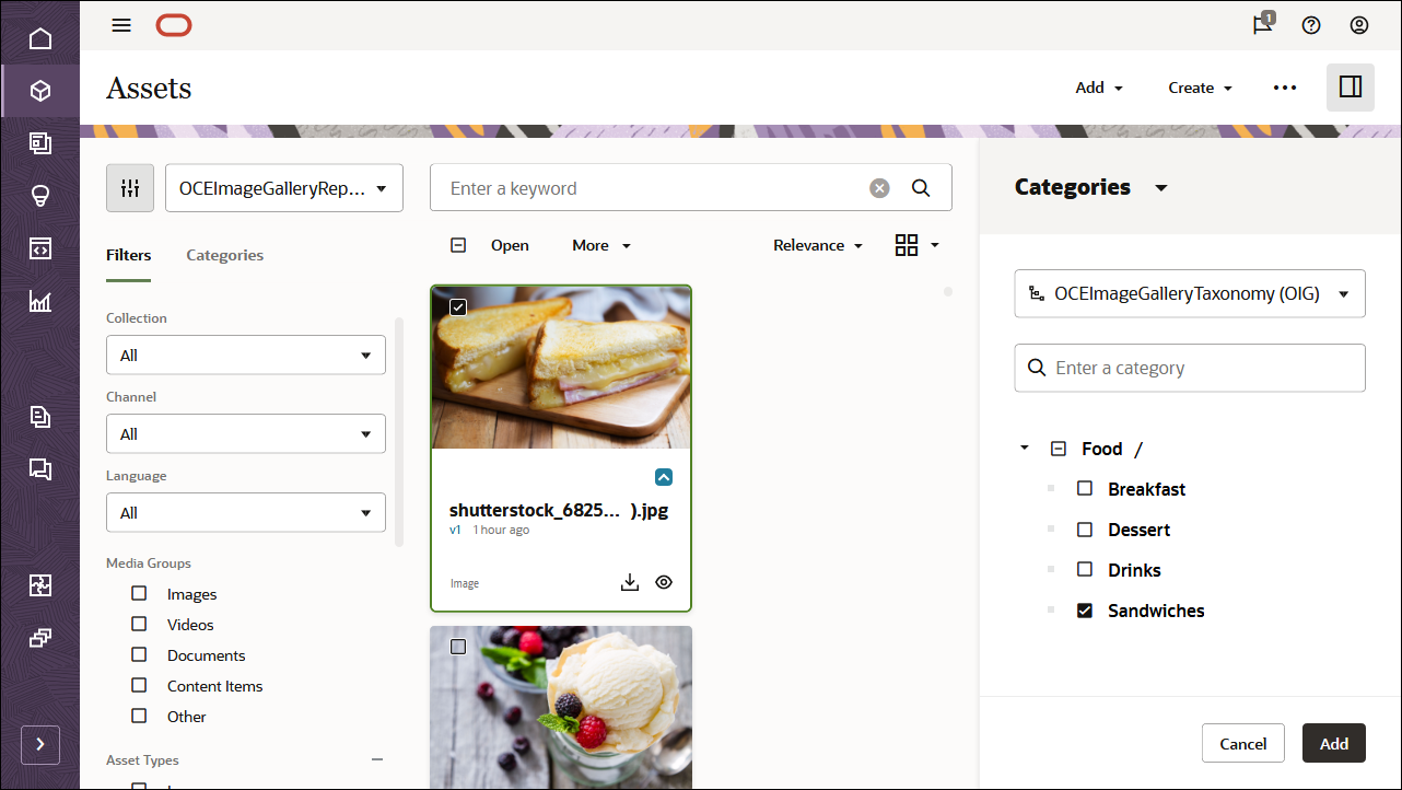 En esta imagen se muestra el panel Categorías de un activo, con la barra de búsqueda de categorías y la estructura jerárquica de taxonomía "Alimento".