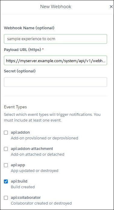 En esta imagen se muestra cómo configurar Oracle Content Management como webhook en Heroku.