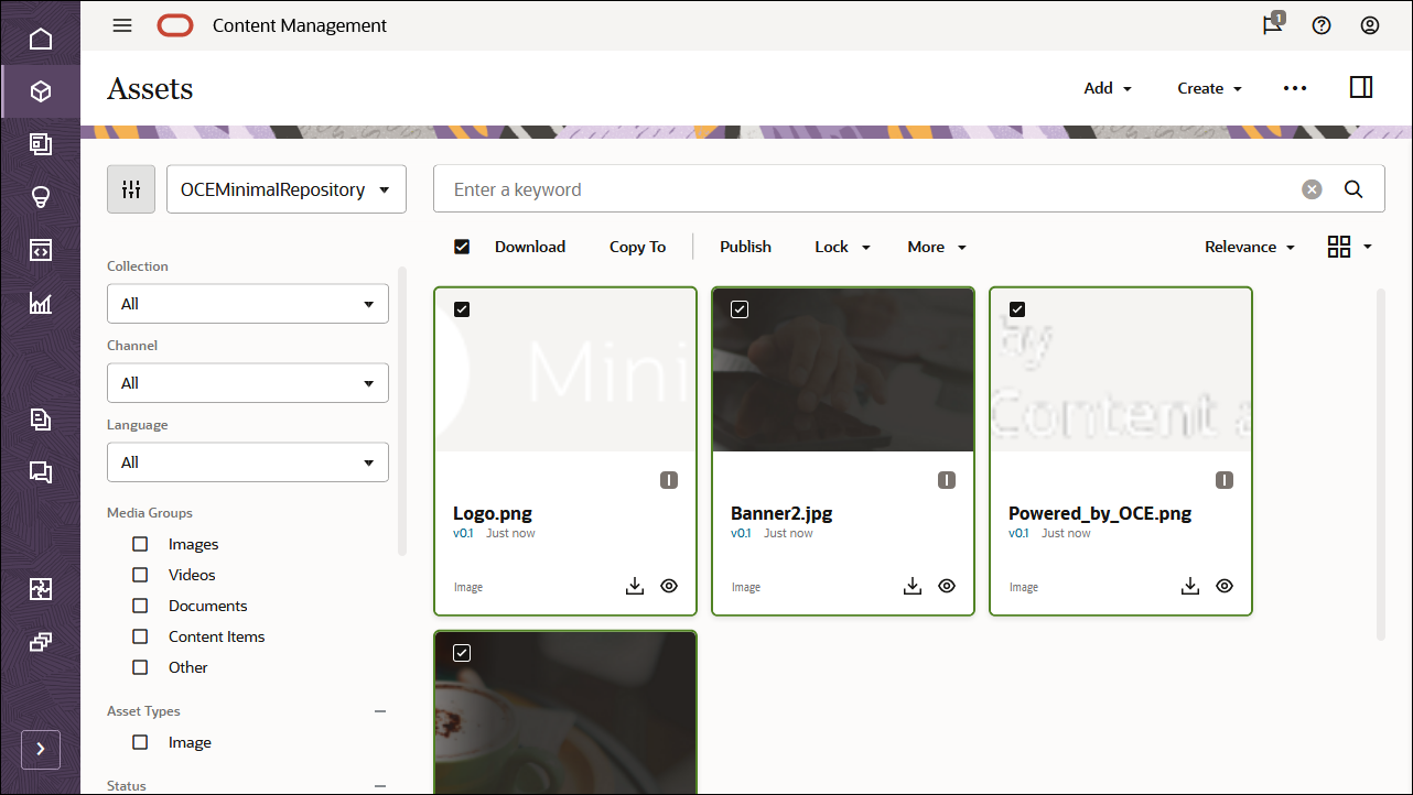 En esta imagen se muestra el repositorio OCEMinimalRepository, con todos los activos seleccionados y la opción Publish en la barra de acción visible.