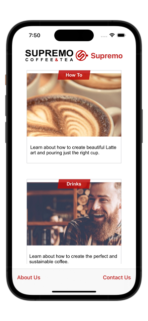 En esta imagen se muestra la página inicial del sitio de demostración de Cafe Supremo.
