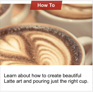En esta imagen se muestra la interfaz de usuario que representa un tema. Contiene un título de 'How To', una imagen en miniatura de tazas de café con contacto latte y una descripción que define el tema como aprender a crear hermoso arte latte y verter solo la copa derecha.