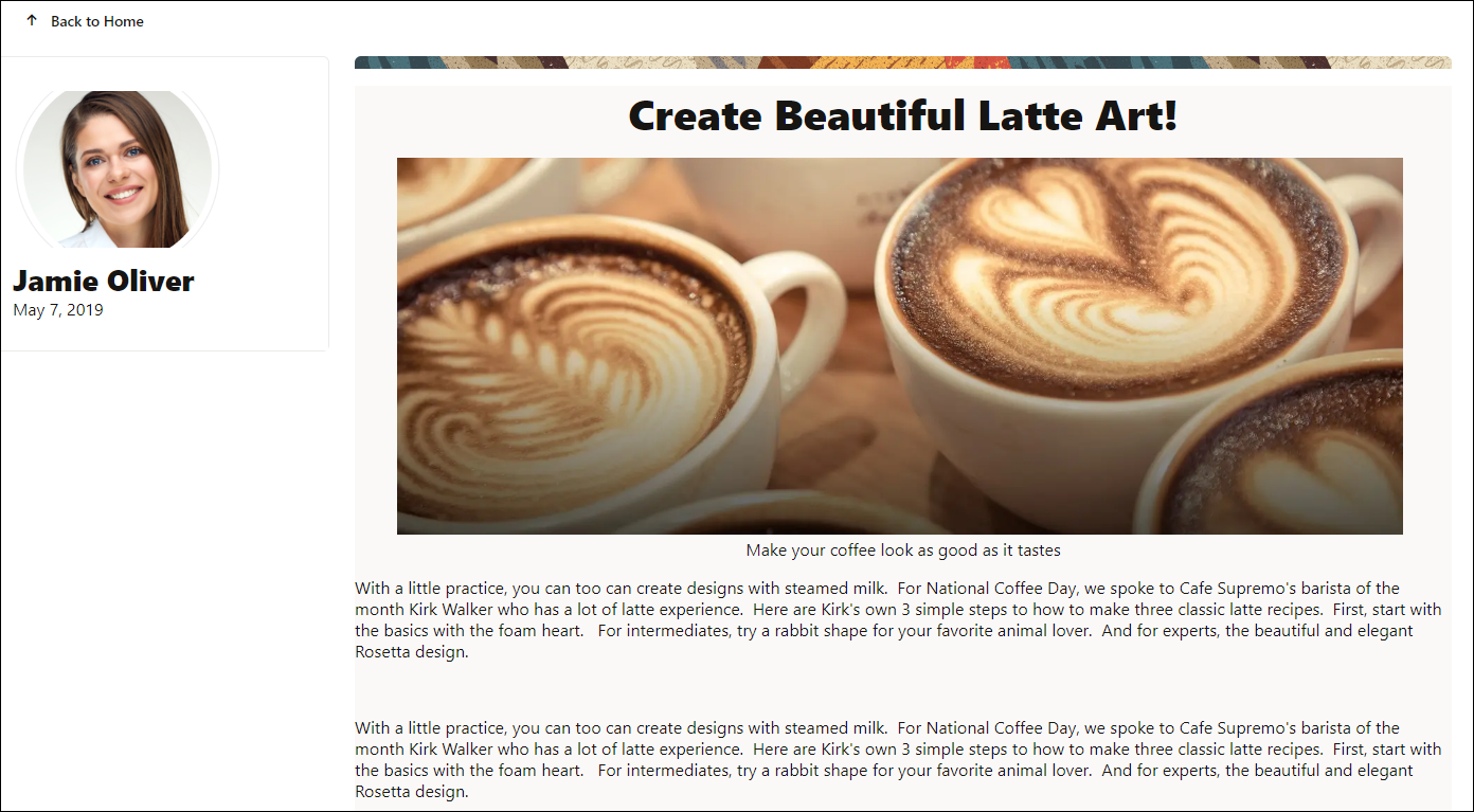 Esta imagen muestra una página de artículo llamada 'Create Beautiful Latte Art!'.