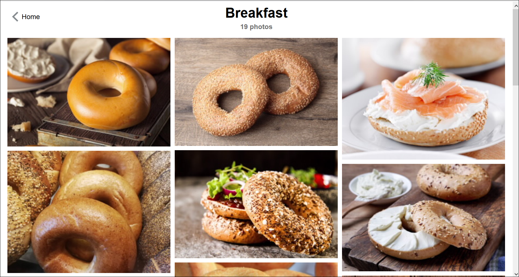 Esta imagen muestra una galería de imágenes con diferentes tipos de bagels, algunos con crema o ingredientes, o ambos.