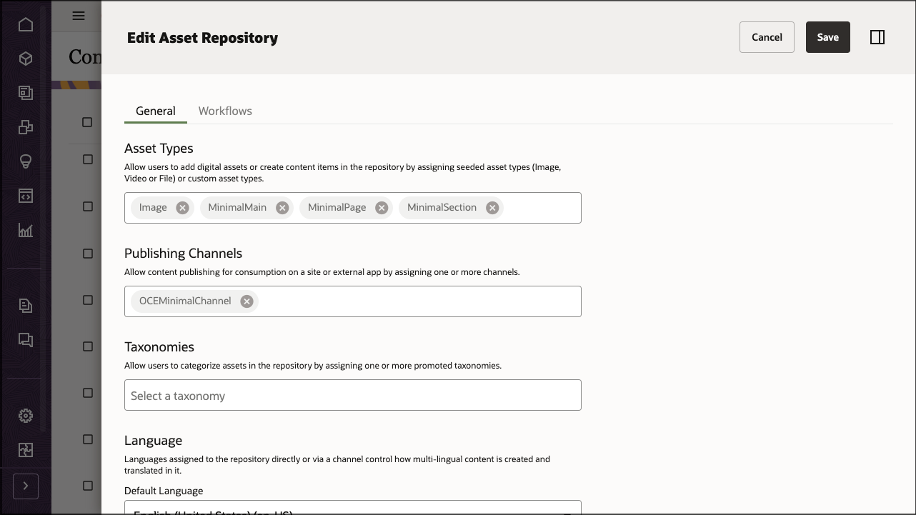 En esta imagen se muestra la página Editar repositorio en Oracle Content Management, con los tres tipos de contenido recién creados asociados al repositorio OCEMinimalRepository.