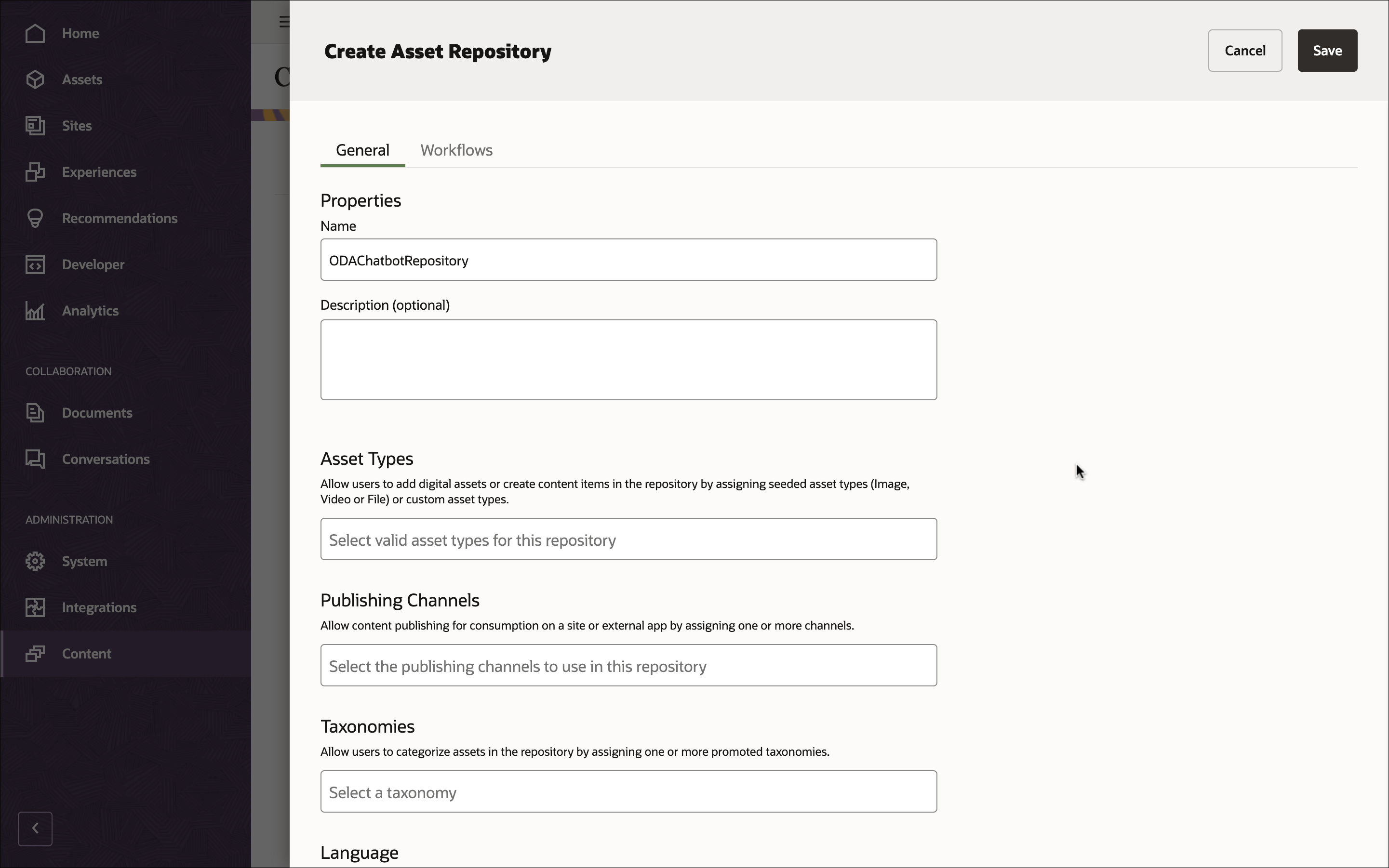 En esta imagen se muestra el panel de definición del repositorio, con 'ODAChatbotRepository' en el campo de nombre del repositorio.