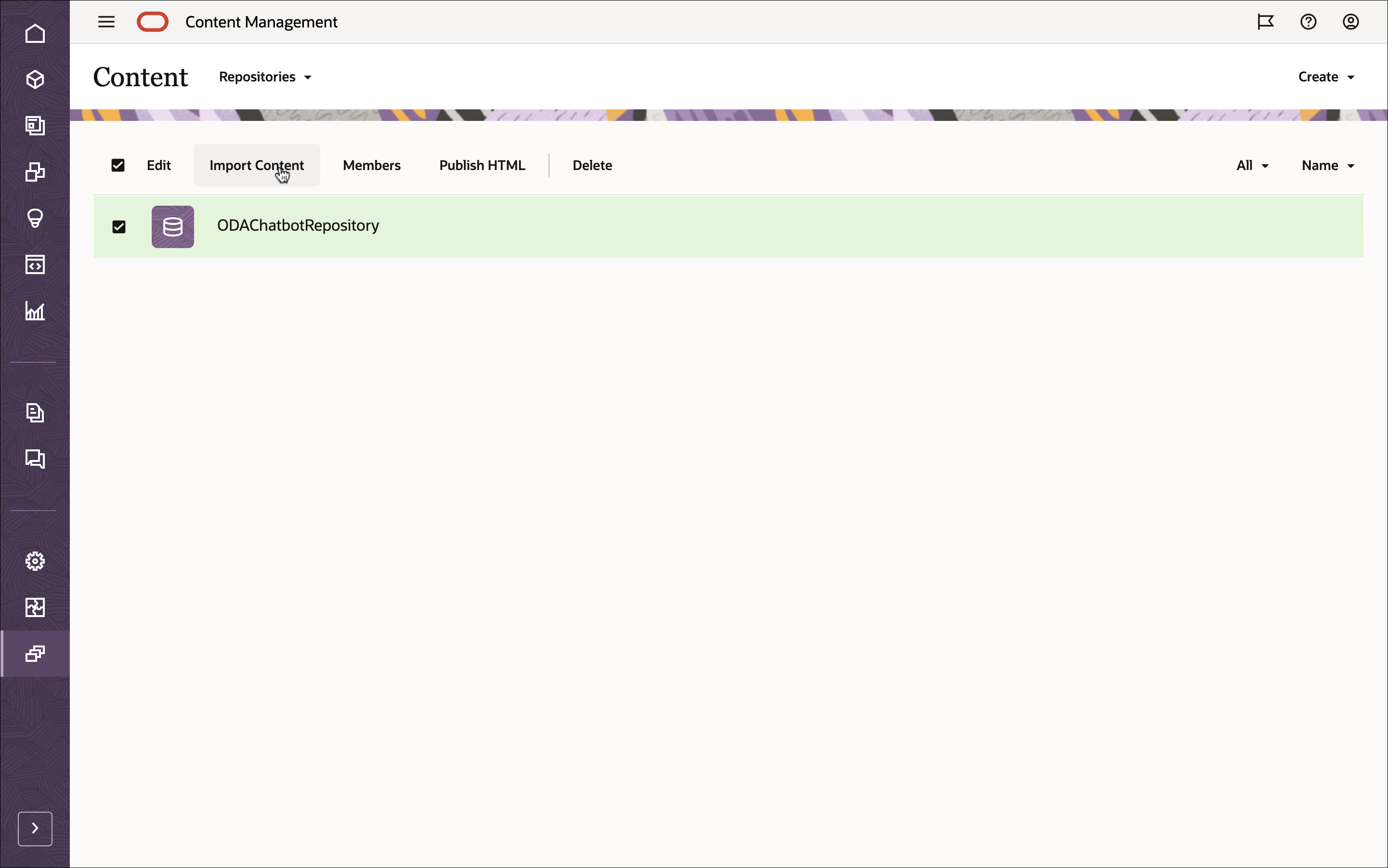 En esta imagen se muestra la página Repositories, con el elemento ODAChatbotRepository seleccionado.