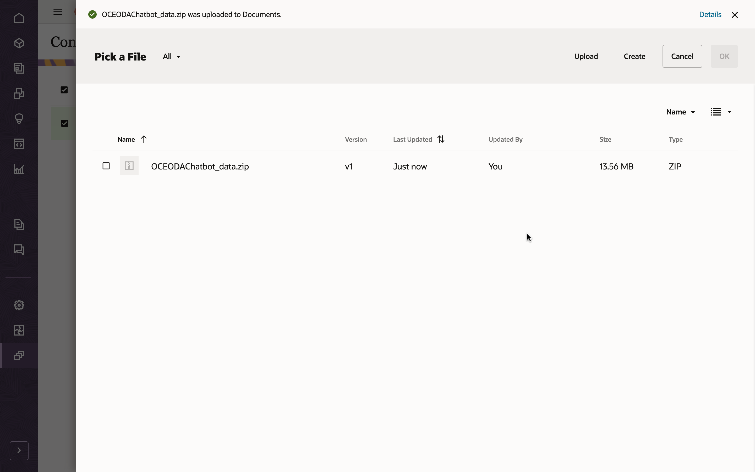 En esta imagen se muestra la pantalla de confirmación de carga para el archivo OCEODAChatbot_data.zip.
